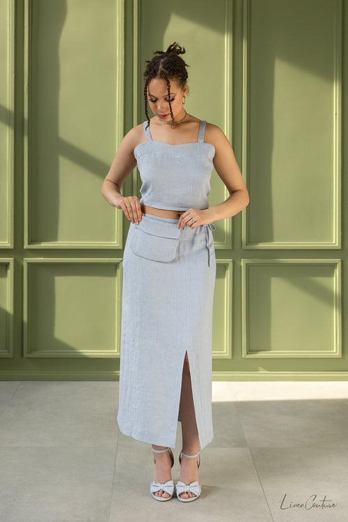 W&H Atelier Light Grey Linen Crop & Skirt Set